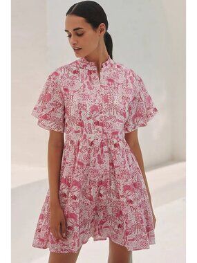 RO'S GARDEN Vibeka Pleated Mini Dress Shirt Sleeves Women's Size M Pink Pattern